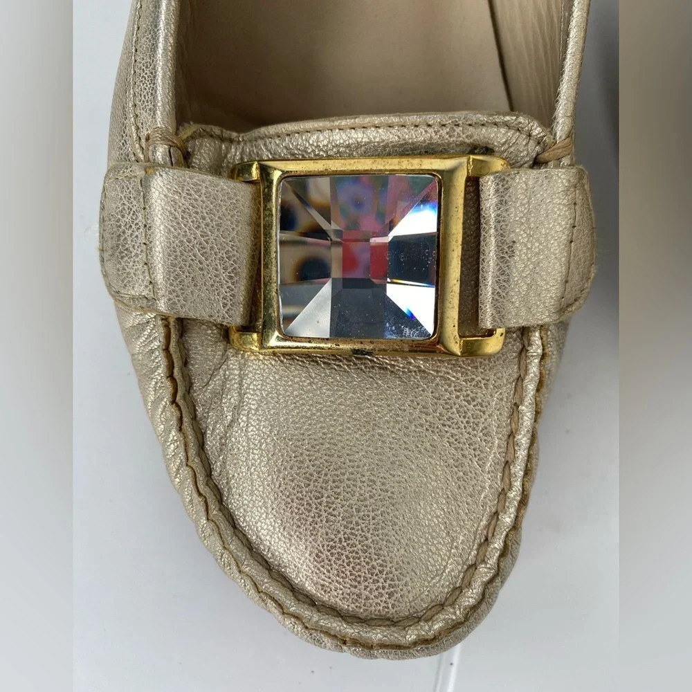 Stuart Weiztman Gold Metallic Womens Loafers w Decorative Crystal Hardware